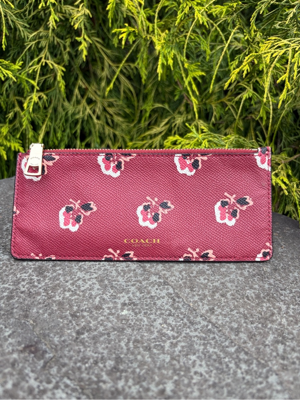 Coach Oxblood Prairie Floral Slim Zip Wallet Card Case